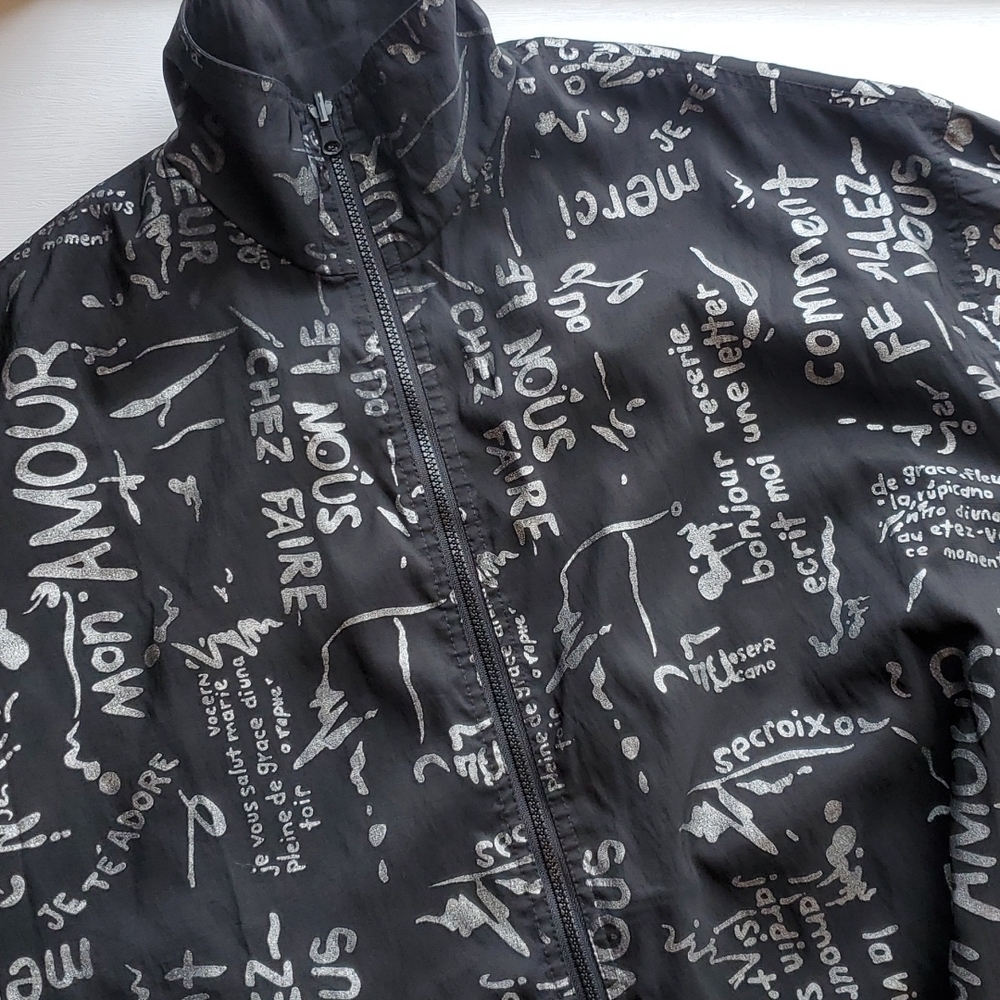 MP French Graffiti Black and Silver Reversible Rain Coat Oversized M/L